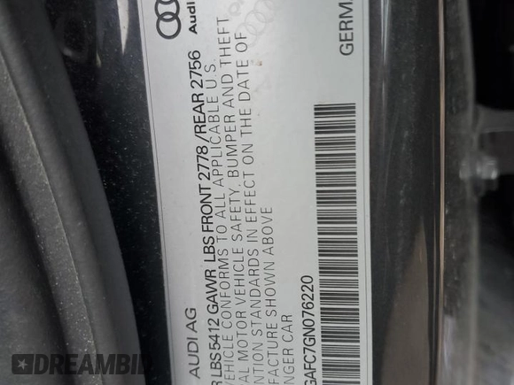2016 Audi A6 Prestige with VIN WAUHGAFC7GN076220, listed as a Copart auction lot 51680715 with 198,440 mi miles and Salvage title. Bid and sale history available at DreamBid. Image 12.