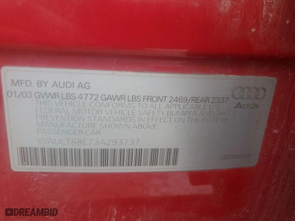 2003 Audi A4 3.0L with VIN WAULT68E73A293737, listed as a Copart auction lot 86053144 with 167,003 mi miles and Salvage Title. Bid and sale history available at carsss.com. Image 14.
