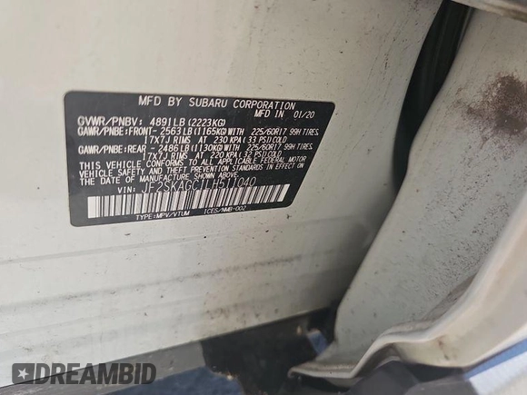 2020 Subaru Forester Premium with VIN JF2SKAGC1LH511040, listed as a IAAI auction lot 42854252 with 95,067 mi miles and . Bid and sale history available at DreamBid. Image 10.