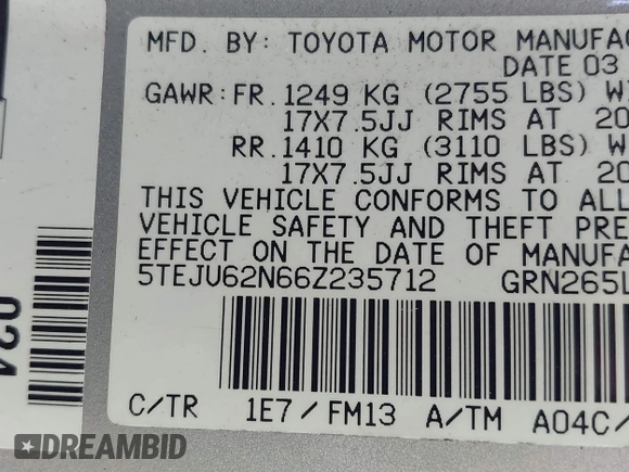 2006 Toyota Tacoma PreRunner z VIN 5TEJU62N66Z235712, wystawiony jako IAAI lot #42102058 z przebiegiem 264 012 mil mil oraz . Historia ofert i sprzedaży dostępna na DreamBid. Obrazek 9.