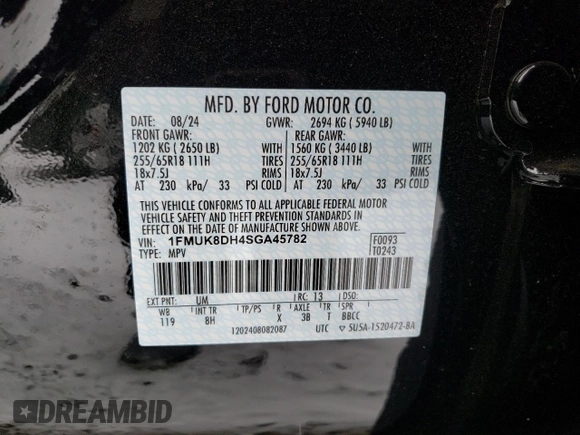 2025 Ford Explorer Active with VIN 1FMUK8DH4SGA45782, listed as a Copart auction lot 87474304 with 1,341 mi miles and Salvage Title. Bid and sale history available at carsss.com. Image 14.