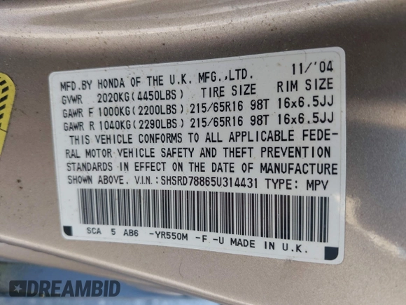 2005 Honda CR-V EX with VIN SHSRD78865U314431, listed as a IAAI auction lot 40206182 with 164,015 mi miles. Bid and sale history available at carsss.com. Image 9.