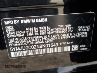 2022 BMW X5 M z VIN 5YMJU0C02N9N01549, wystawiony jako Copart lot #55514093 z przebiegiem Nie podano mil oraz . Historia ofert i sprzedaży dostępna na DreamBid. Obrazek 16.