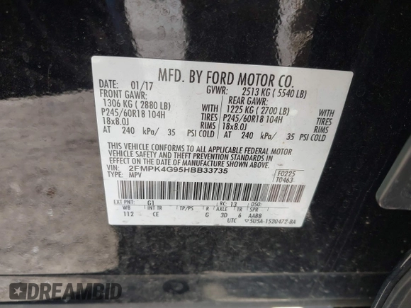 2017 Ford Edge SE with VIN 2FMPK4G95HBB33735, listed as a IAAI auction lot 41882934 with 1 mi miles. Bid and sale history available at carsss.com. Image 9.