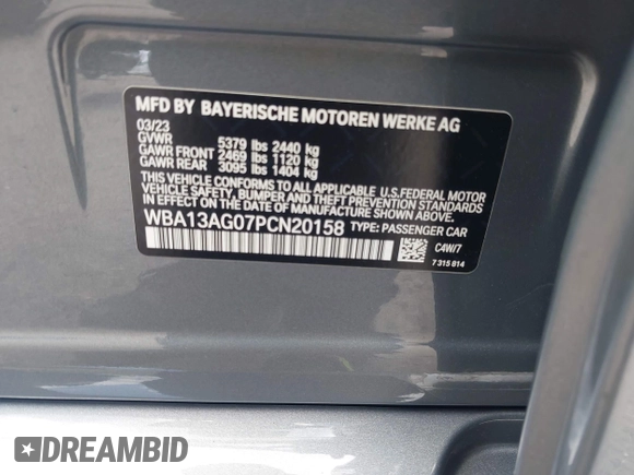2023 BMW 5 Series 530e with VIN WBA13AG07PCN20158, listed as a IAAI auction lot 42146666 with 31,619 mi miles and . Bid and sale history available at DreamBid. Image 9.