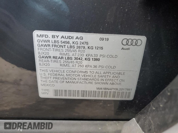 2020 Audi Q5 Premium Plus with VIN WA1BNAFY9L2017881, listed as a Copart auction lot 52328975 with 42,283 mi miles and Salvage Title. Bid and sale history available at carsss.com. Image 15.