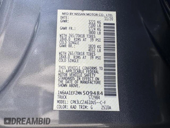 2021 Nissan Titan SV с VIN 1N6AA1EF2MN509484, выставлен на аукционе Copart как лот 66681845 с пробегом 33 195 миль миль и На запчасти • Non repairable. История ставок и продаж доступна на DreamBid. Изображение 15.