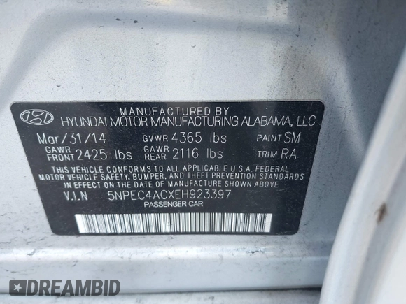 2014 Hyundai Sonata SE with VIN 5NPEC4ACXEH923397, listed as a IAAI auction lot 41748671 with 182,136 mi miles and . Bid and sale history available at DreamBid. Image 9.