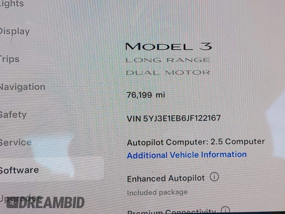 2018 Tesla Model 3 Long Range Battery with VIN 5YJ3E1EB6JF122167, listed as a IAAI auction lot 41761710 with 76,199 mi miles and . Bid and sale history available at DreamBid. Image 15.