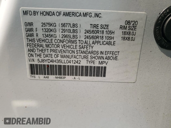 2020 Acura MDX с VIN 5J8YD4H35LL041242, выставлен на аукционе Copart как лот 50761155 с пробегом Не указан миль и Списание • Salvage title. История ставок и продаж доступна на DreamBid. Изображение 13.