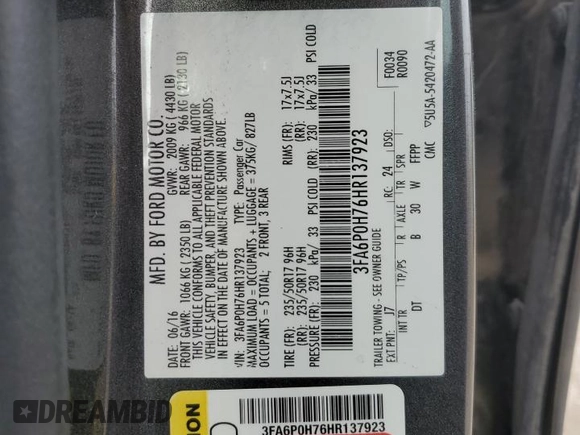 2017 Ford Fusion SE z VIN 3FA6P0H76HR137923, wystawiony jako Copart lot #51309045 z przebiegiem 171 056 mil mil oraz Szkoda całkowita • Salvage title. Historia ofert i sprzedaży dostępna na DreamBid. Obrazek 12.