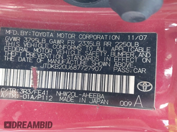 2008 Toyota Prius with VIN JTDKB20U687727907, listed as a IAAI auction lot 42097011 with 102,187 mi miles. Bid and sale history available at carsss.com. Image 9.