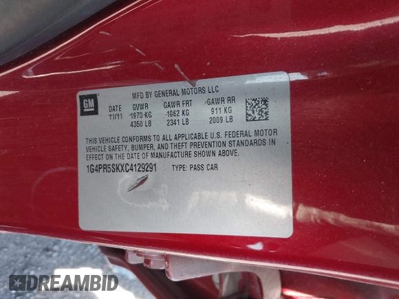 2012 Buick Verano Convenience Group with VIN 1G4PR5SKXC4129291, listed as a IAAI auction lot 42168387 with 78,244 mi miles. Bid and sale history available at carsss.com. Image 9.
