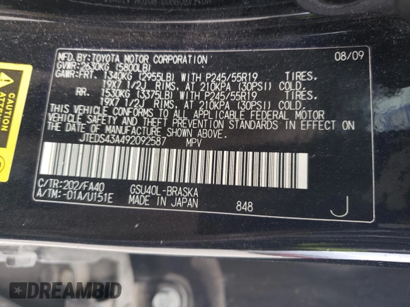 2009 Toyota Highlander Sport z VIN JTEDS43A492092587, wystawiony jako Copart lot #57210994 z przebiegiem 195 908 mil mil oraz Szkoda całkowita • Salvage title. Historia ofert i sprzedaży dostępna na DreamBid. Obrazek 15.
