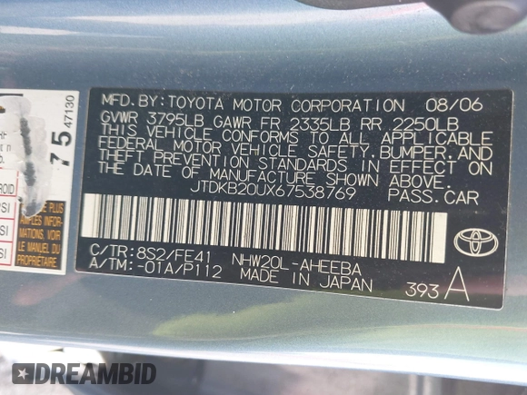 2006 Toyota Prius with VIN JTDKB20UX67538769, listed as a IAAI auction lot 41892771 with 195,643 mi miles. Bid and sale history available at carsss.com. Image 9.