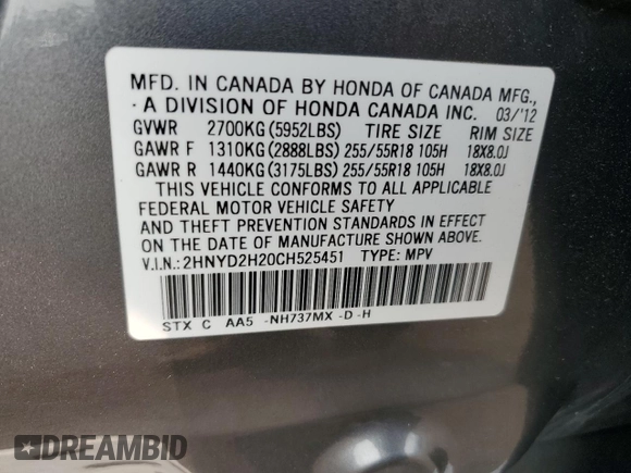 2012 Acura MDX with VIN 2HNYD2H20CH525451, listed as a Copart auction lot 59120415 with 145,926 mi miles and Salvage title. Bid and sale history available at DreamBid. Image 13.