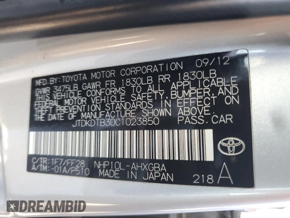 2012 Toyota Prius One with VIN JTDKDTB30C1023850, listed as a Copart auction lot 46884765 with 201,849 mi miles and Salvage Title. Bid and sale history available at carsss.com. Image 15.