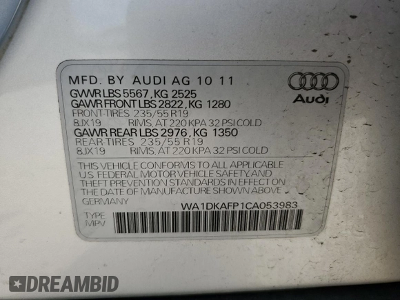 2012 Audi Q5 3.2L Premium Plus with VIN WA1DKAFP1CA053983, listed as a Copart auction lot 53032225 with 143,633 mi miles and Salvage Title. Bid and sale history available at carsss.com. Image 15.