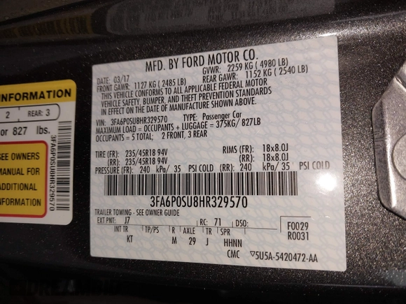 2017 Ford Fusion Titanium with VIN 3FA6P0SU8HR329570, listed as a IAAI auction lot 41773023 with 112,022 mi miles and . Bid and sale history available at DreamBid. Image 9.