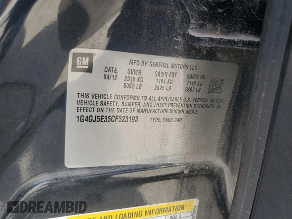 2012 Buick LaCrosse Touring with VIN 1G4GJ5E35CF323193, listed as a Copart auction lot 53535615 with 104,129 mi miles and Salvage title. Bid and sale history available at DreamBid. Image 12.