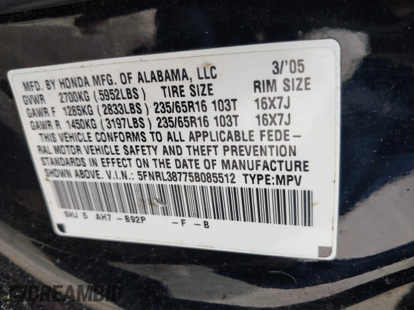 2005 Honda Odyssey EX-L with VIN 5FNRL38775B085512, listed as a IAAI auction lot 42128261 with Not Provided miles and . Bid and sale history available at DreamBid. Image 9.