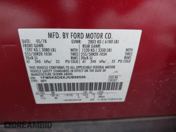 2018 Ford Explorer XLT с VIN 1FM5K8D8XJGB98556, выставлен на аукционе IAAI как лот 41168346 с пробегом 195 996 миль миль и . История ставок и продаж доступна на DreamBid. Изображение 9.