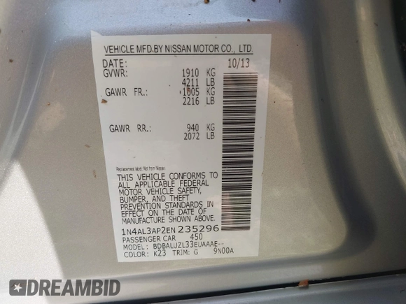 2014 Nissan Altima 2.5 S with VIN 1N4AL3AP2EN235296, listed as a IAAI auction lot 41938681 with Not Provided miles. Bid and sale history available at carsss.com. Image 9.