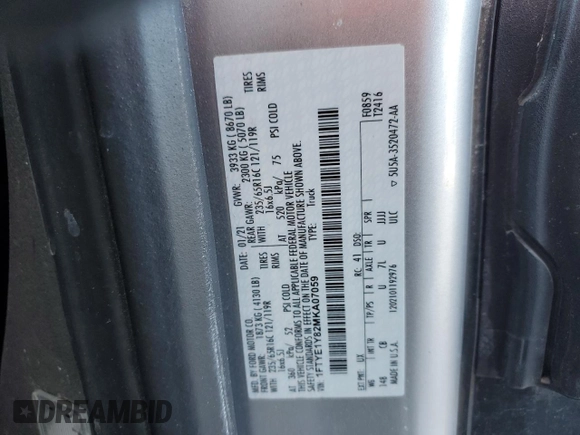 2021 Ford Transit Cargo with VIN 1FTYE1Y82MKA07059, listed as a Copart auction lot 44804965 with 43,980 mi miles and Salvage Title. Bid and sale history available at carsss.com. Image 14.