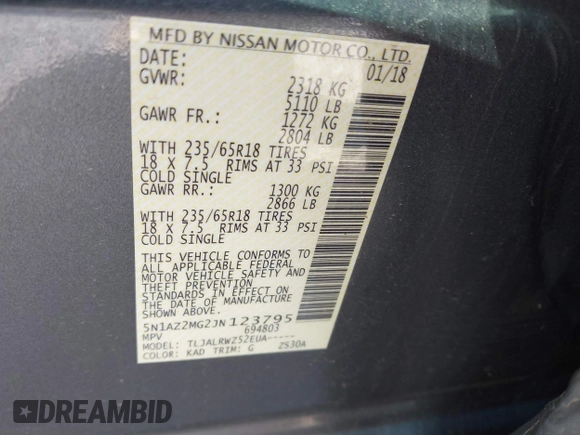 2018 Nissan Murano Platinum with VIN 5N1AZ2MG2JN123795, listed as a IAAI auction lot 42059967 with 77,064 mi miles. Bid and sale history available at carsss.com. Image 9.