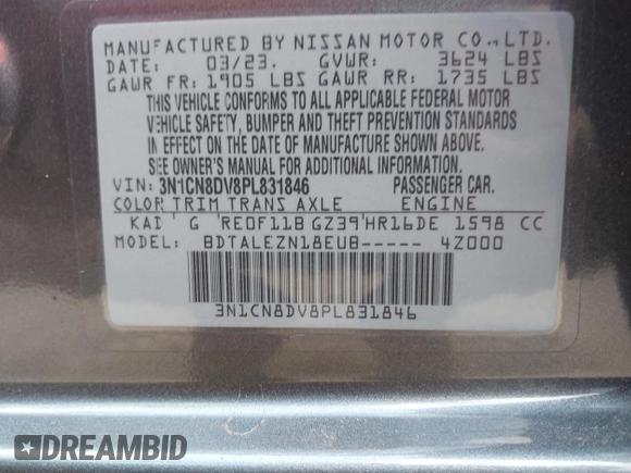 2023 Nissan Versa S с VIN 3N1CN8DV8PL831846, выставлен на аукционе IAAI как лот 42151194 с пробегом 46 338 миль миль и . История ставок и продаж доступна на DreamBid. Изображение 9.