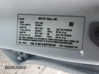 2023 Tesla Model 3 with VIN 5YJ3E1EA2PF569109, listed as a Copart auction lot 48527155 with 30,458 mi miles and Salvage Title. Bid and sale history available at carsss.com. Image 12.