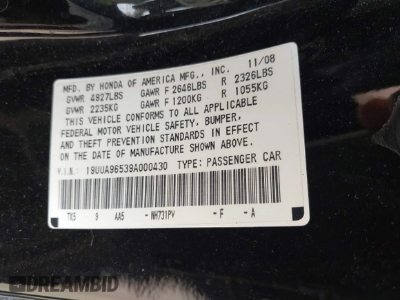 2009 Acura TL Technology z VIN 19UUA96539A000430, wystawiony jako IAAI lot #42095406 z przebiegiem 202 197 mil mil oraz . Historia ofert i sprzedaży dostępna na DreamBid. Obrazek 9.