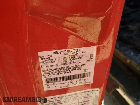 2011 Ford F-150 XL with VIN 1FTFW1CF3BFB80430, listed as a Copart auction lot 53280675 with Not provided miles and Salvage title. Bid and sale history available at DreamBid. Image 12.