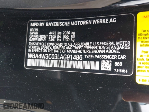2020 BMW 4 Series 430i with VIN WBA4W3C03LAG91486, listed as a IAAI auction lot 42083927 with 49,261 mi miles and . Bid and sale history available at carsss.com. Image 9.