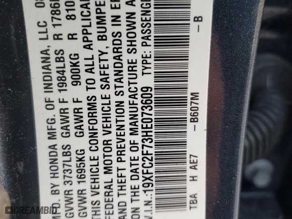 2017 Honda Civic Sedan EX with VIN 19XFC2F73HE073609, listed as a Copart auction lot 51757775 with 55,946 mi miles and Salvage Title. Bid and sale history available at carsss.com. Image 12.
