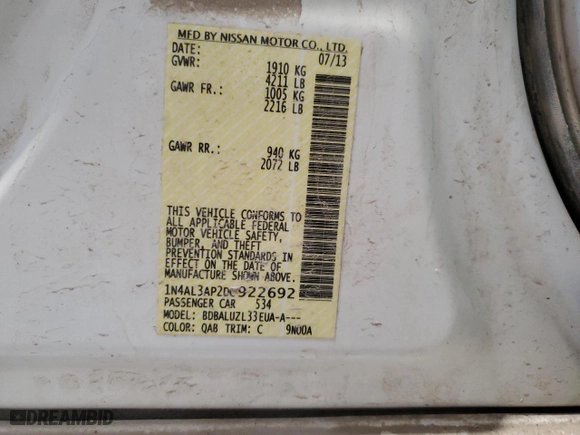 2013 Nissan Altima 2.5 SL with VIN 1N4AL3AP2DC922692, listed as a Copart auction lot 49661375 with 159,037 mi miles and Salvage Title. Bid and sale history available at carsss.com. Image 12.
