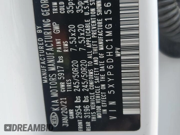 2021 Kia Telluride S with VIN 5XYP6DHC1MG156986, listed as a Copart auction lot 57964545 with 94,541 mi miles and Salvage title. Bid and sale history available at DreamBid. Image 14.