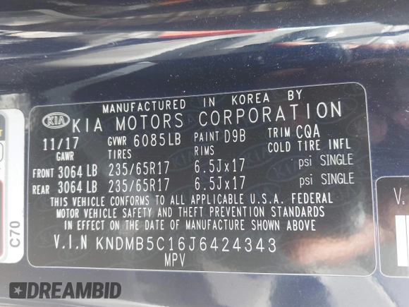 2018 Kia Sedona LX with VIN KNDMB5C16J6424343, listed as a IAAI auction lot 41952305 with 130,439 mi miles. Bid and sale history available at carsss.com. Image 9.