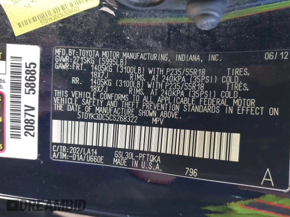 2012 Toyota Sienna XLE AAS with VIN 5TDYK3DC5CS268322, listed as a IAAI auction lot 41515422 with 218,201 mi miles and . Bid and sale history available at DreamBid. Image 9.