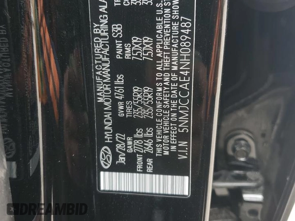 2022 Hyundai Tucson SEL with VIN 5NMJCCAE4NH089487, listed as a Copart auction lot 50099575 with 33,166 mi miles and Salvage Title. Bid and sale history available at DreamBid. Image 14.