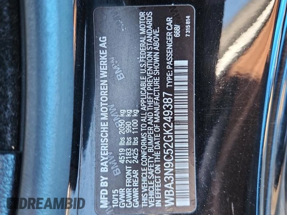 2016 BMW 4 Series 428i xDrive with VIN WBA3N9C52GK249387, listed as a Copart auction lot 65697805 with 203,385 mi miles and Clean title. Bid and sale history available at DreamBid. Image 12.