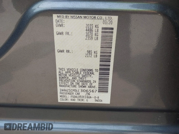 2020 Nissan LEAF SV with VIN 1N4AZ1CP0LC306567, listed as a IAAI auction lot 42429942 with 50,492 mi miles and . Bid and sale history available at DreamBid. Image 9.