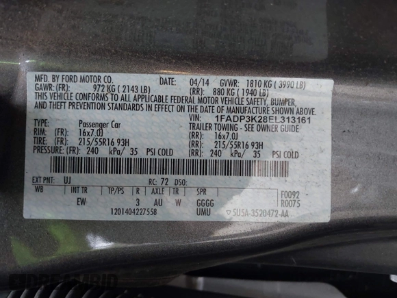 2014 Ford Focus SE with VIN 1FADP3K28EL313161, listed as a IAAI auction lot 42017640 with 111,962 mi miles. Bid and sale history available at carsss.com. Image 9.