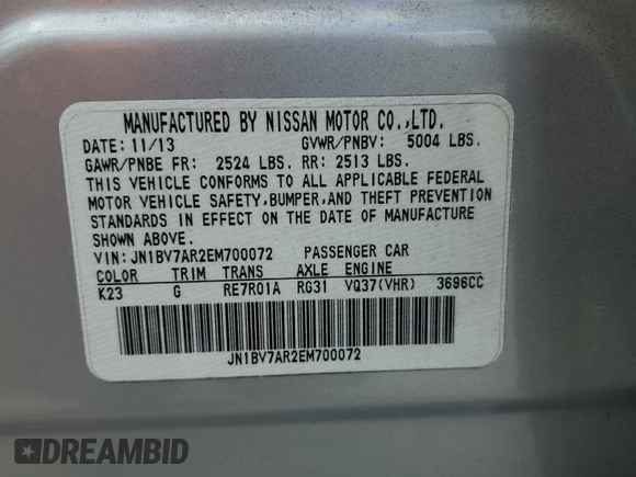 2014 Infiniti Q50 Premium with VIN JN1BV7AR2EM700072, listed as a Copart auction lot 54934445 with 97,381 mi miles and Salvage title. Bid and sale history available at DreamBid. Image 13.