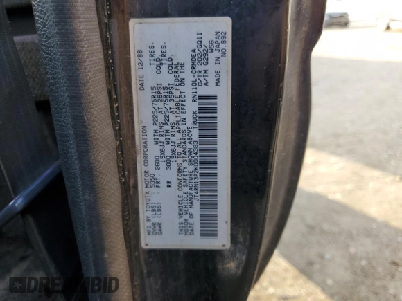 1989 Toyota Pickup с VIN JT4RN13P2K0004383, выставлен на аукционе Copart как лот 46108785 с пробегом 241 850 миль миль и Списание • Salvage title. История ставок и продаж доступна на DreamBid. Изображение 12.