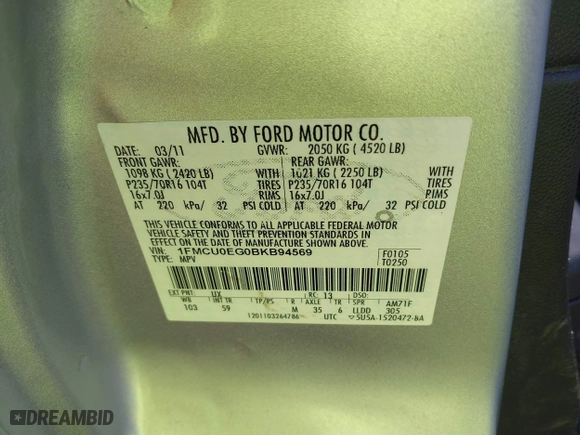 2011 Ford Escape Limited with VIN 1FMCU0EG0BKB94569, listed as a IAAI auction lot 41466649 with 86,748 mi miles. Bid and sale history available at carsss.com. Image 9.