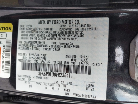 2015 Ford Fusion SE Hybrid с VIN 3FA6P0LU0FR236411, выставлен на аукционе IAAI как лот 42553364 с пробегом 150 133 миль миль и . История ставок и продаж доступна на DreamBid. Изображение 9.