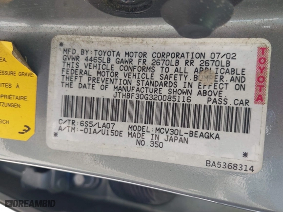 2002 Lexus ES 300 with VIN JTHBF30G320085116, listed as a IAAI auction lot 42015660 with 285,292 mi miles. Bid and sale history available at carsss.com. Image 9.