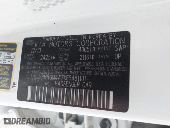 2014 Kia Optima LX with VIN KNAGM4A7XE5481131, listed as a IAAI auction lot 42494495 with 97,223 mi miles and . Bid and sale history available at DreamBid. Image 9.