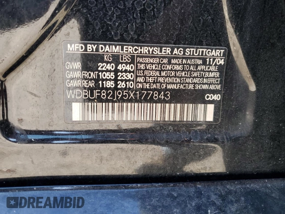 2005 Mercedes-Benz E 320 with VIN WDBUF82J95X177843, listed as a Copart auction lot 86973904 with Not Provided miles and Salvage Title. Bid and sale history available at DreamBid. Image 12.
